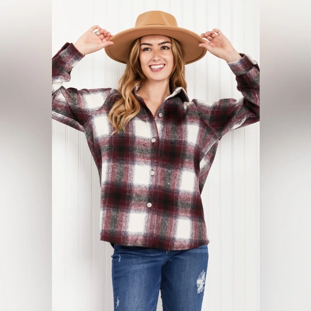 Comfy Relaxed Plaid Flannel Button Up Jacket - Picture 3 of 6